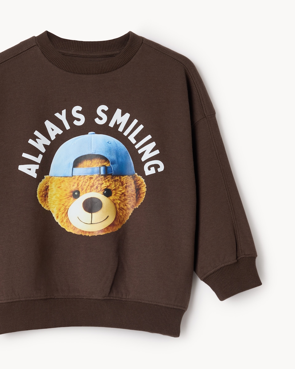 image 1 of F&F Boys Cotton Rich Always Smiling Sweatshirt in Brown