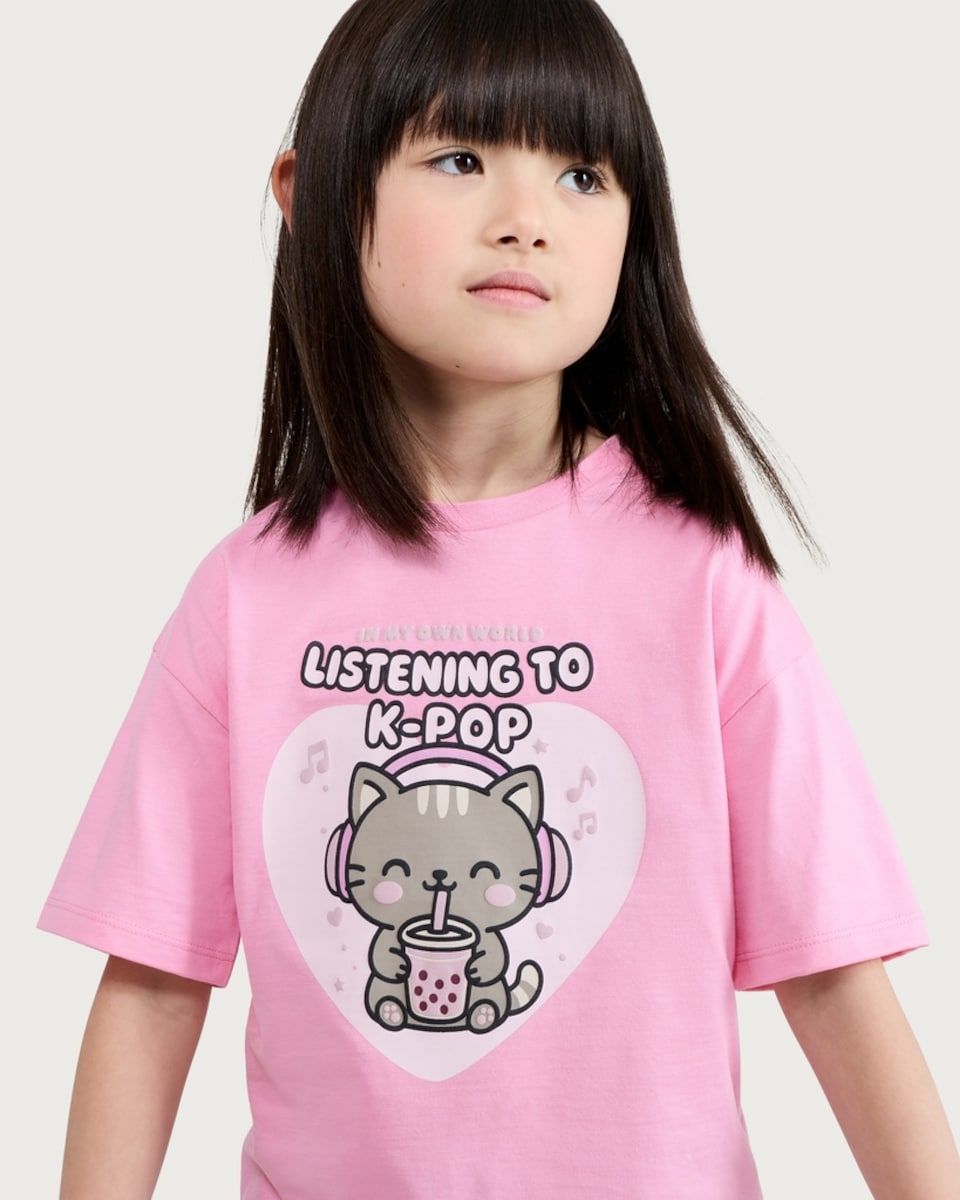 image 1 of F&F Girls Pure Cotton Listening to K-Pop T-Shirt in Pink
