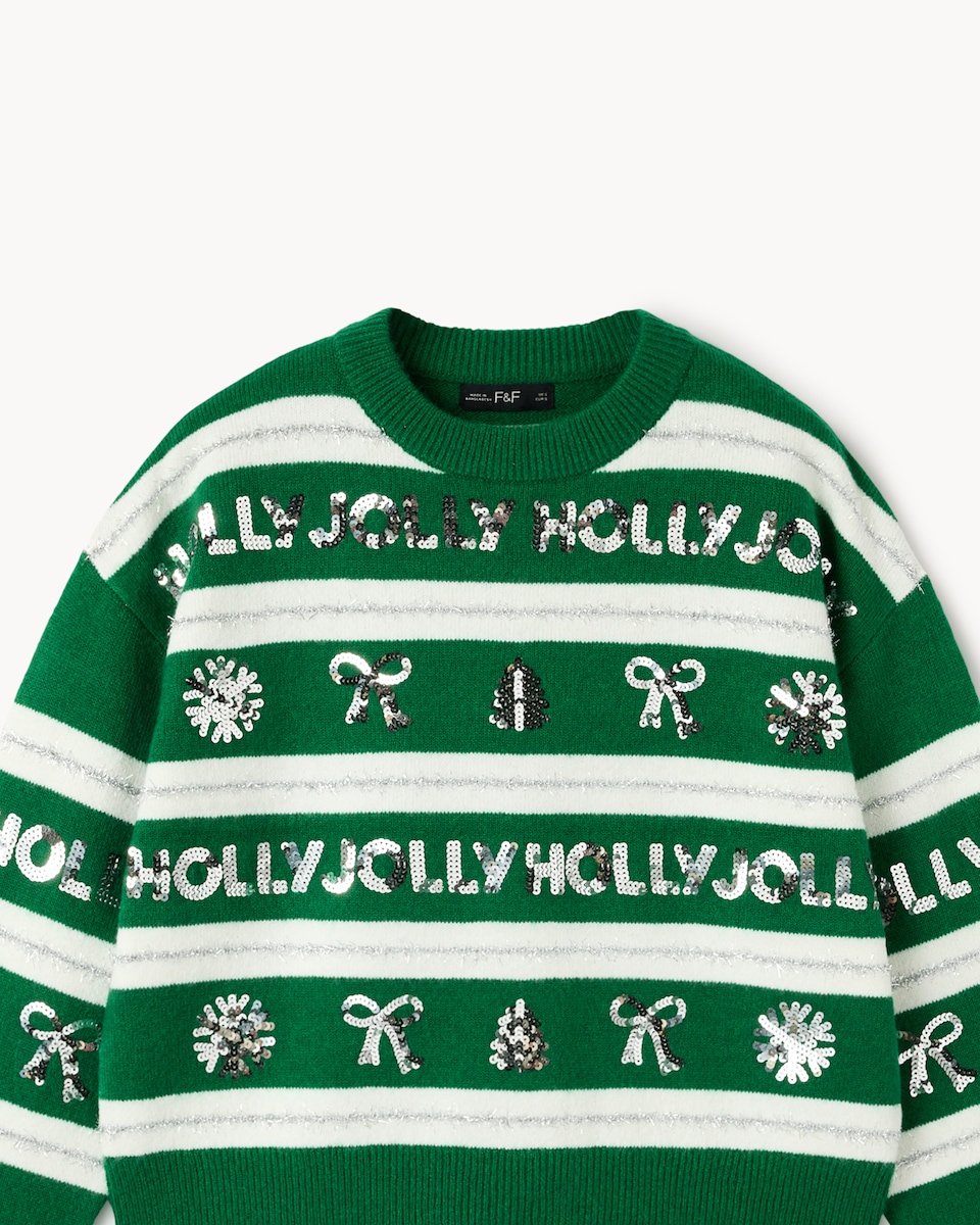 image 1 of Christmas Striped Sequin Embellished Christmas Jumper in Green