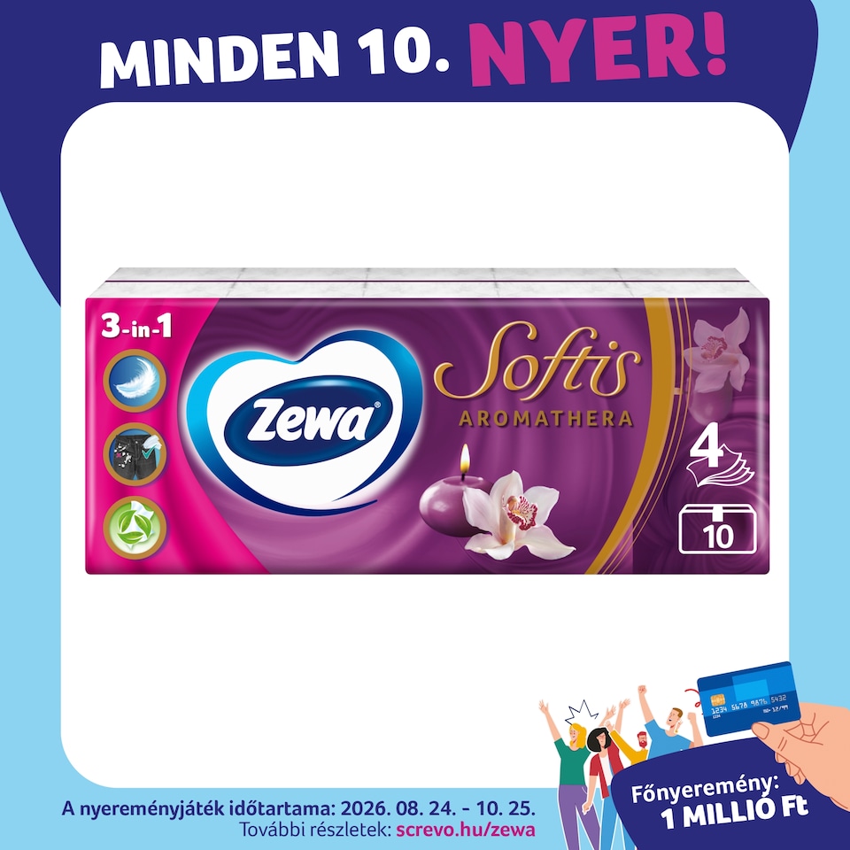 Zewa Softis Aromathera illatosított papír zsebkendő 4 rétegű 10 x 9 db  1. kép