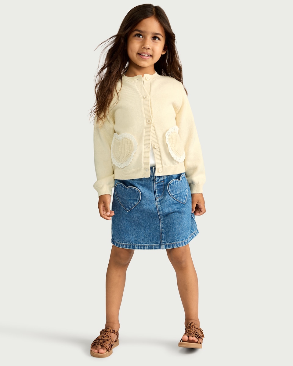 image 1 of F&F Girls Pure Cotton Lace Heart Cardigan in Cream