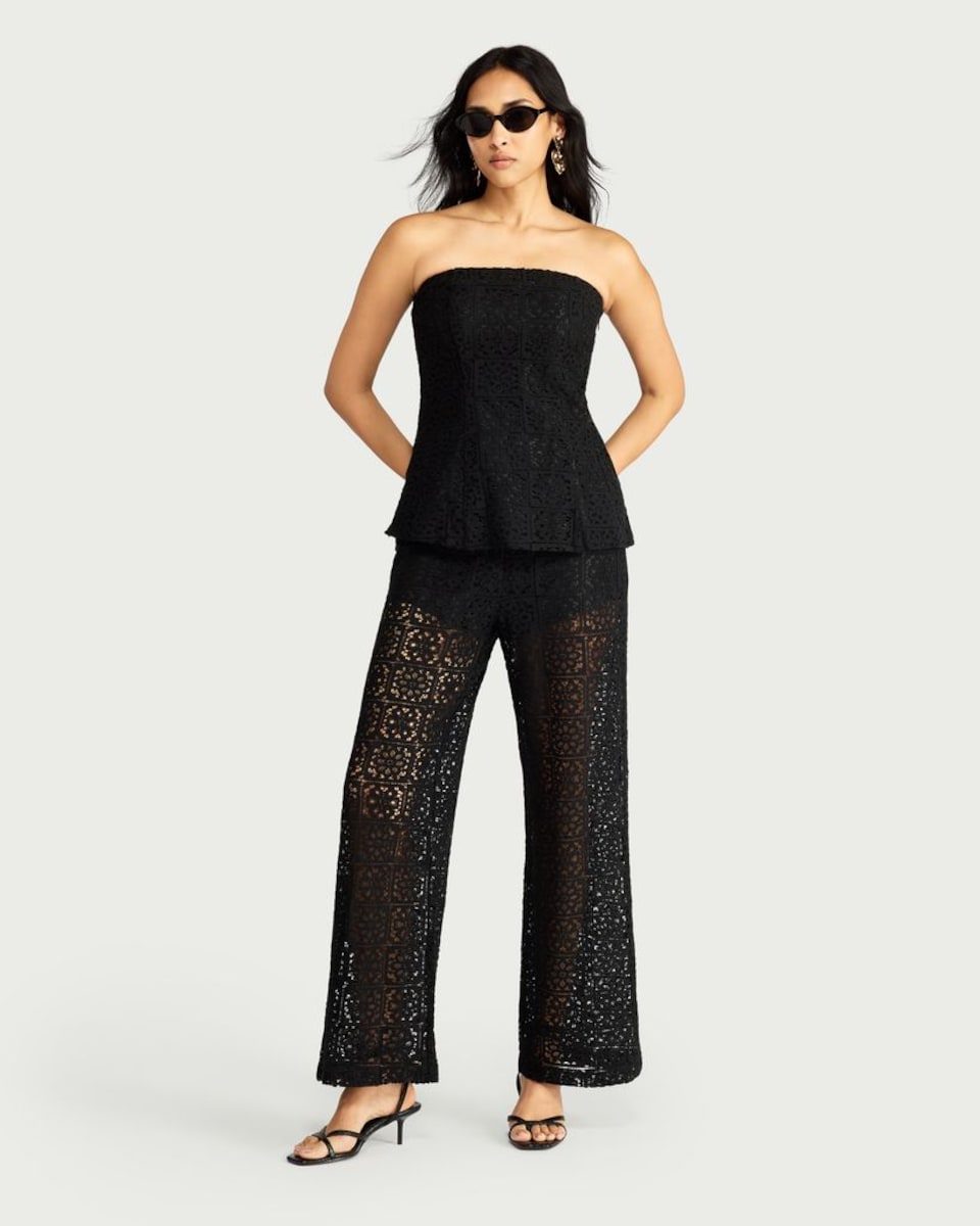 image 1 of F&F Cotton Blend Floral Lace Bandeau Co-ord Top in Black