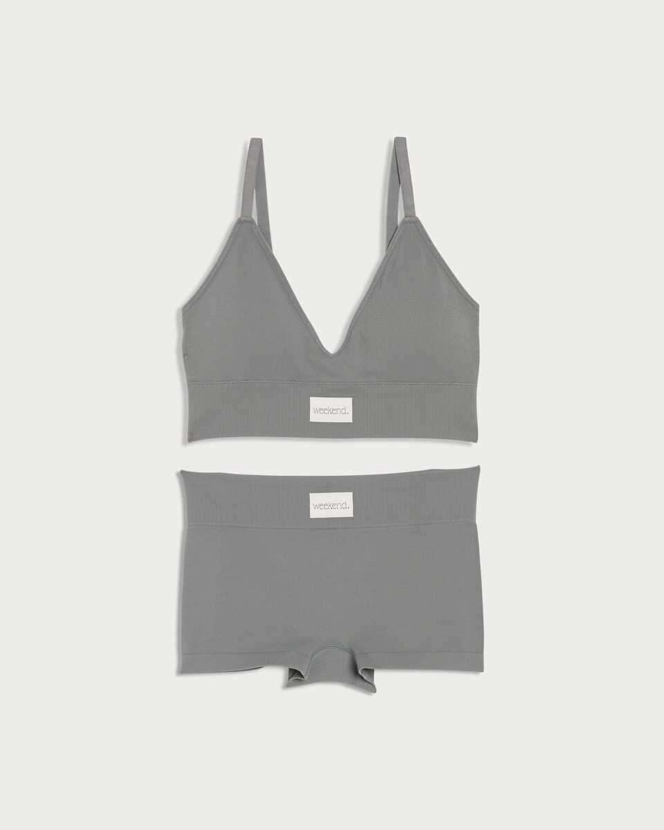 image 1 of F&F Ribbed Weekend Slogan Crop Top and Shorts Set in Green