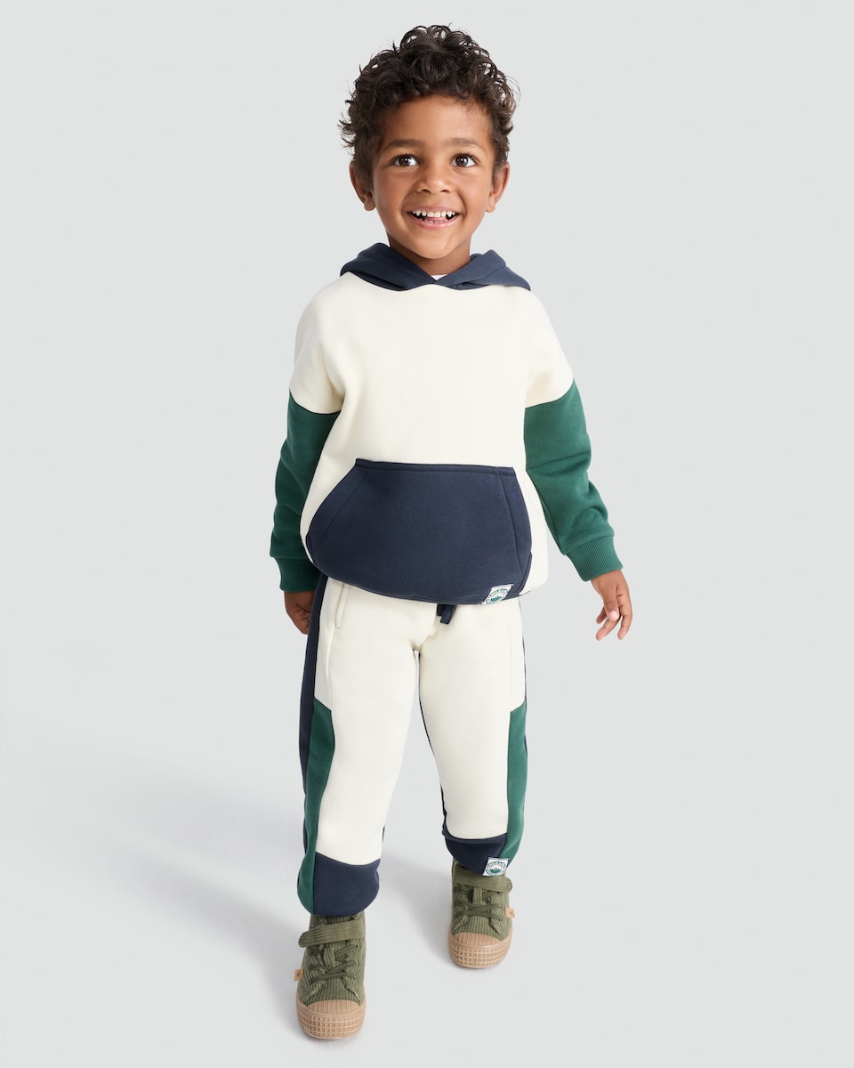 image 1 of F&F Boys 2-Piece Cotton Rich Colour Block Hoodie and Joggers Set in Cream