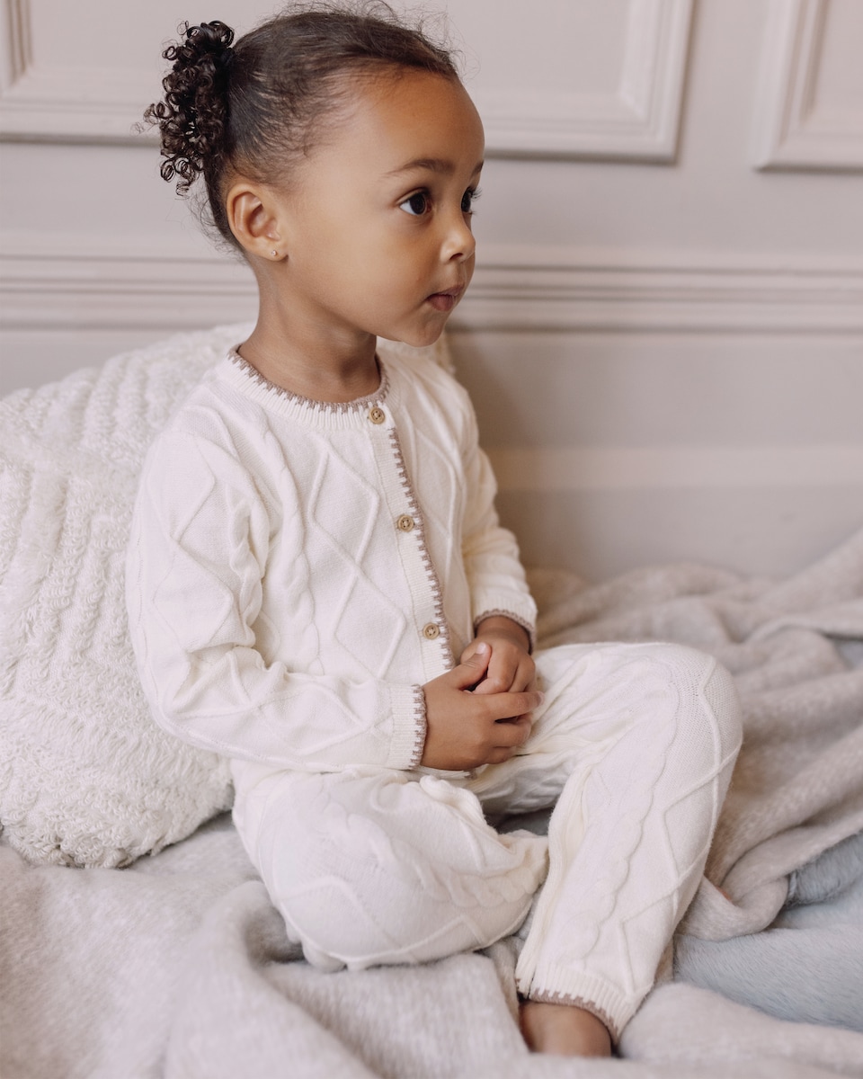 image 1 of F&F x Samantha Faiers 2-Piece Cable Knit Romper and Hat Set in Stone