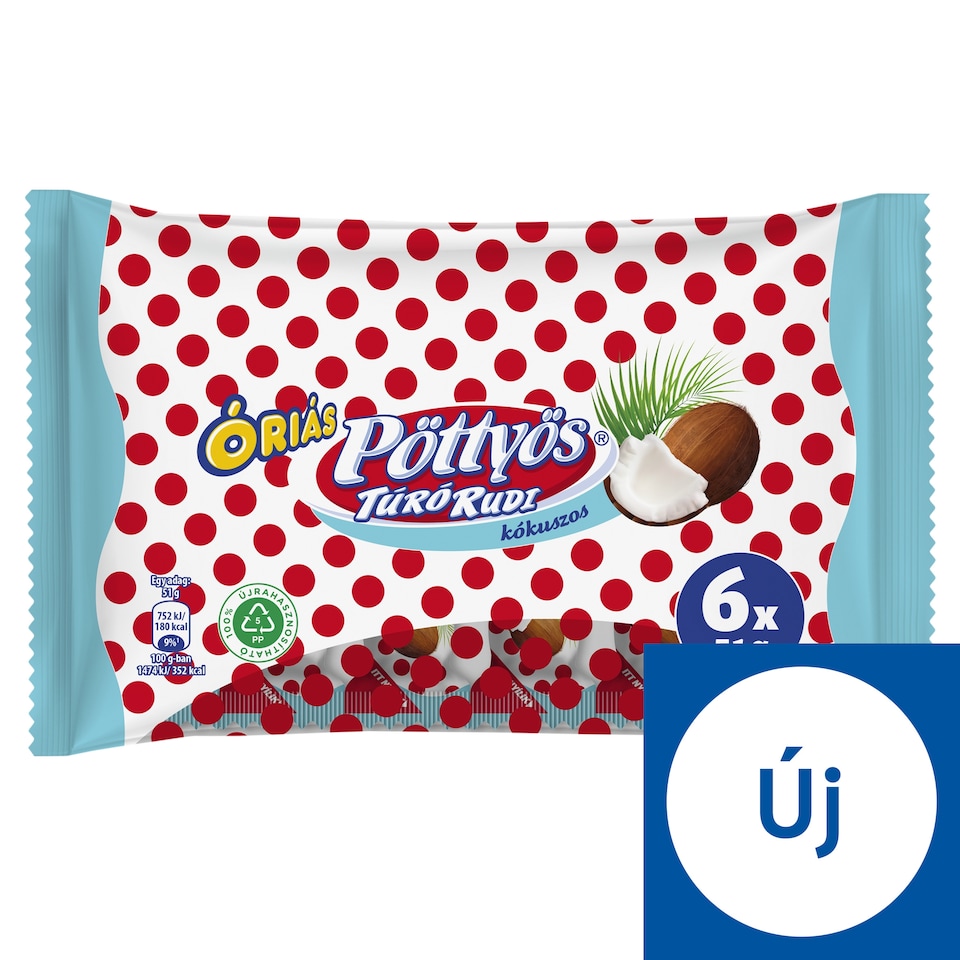 Pöttyös Óriás Túró Rudi kókuszos túródesszert tejes bevonattal 6 x 51 g (306 g)