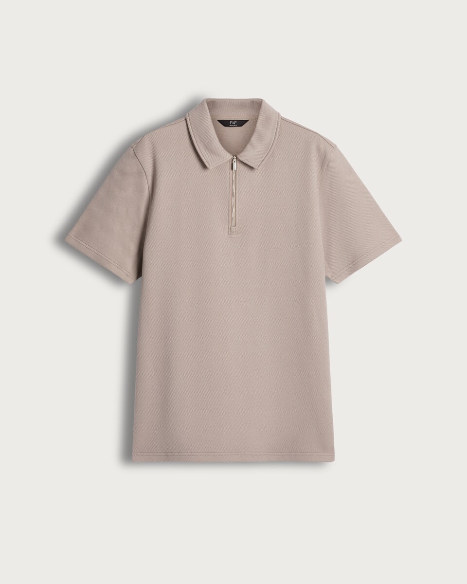 The F&F Edit Cotton Rich Twill Textured Zip Neck Polo Shirt in Brown