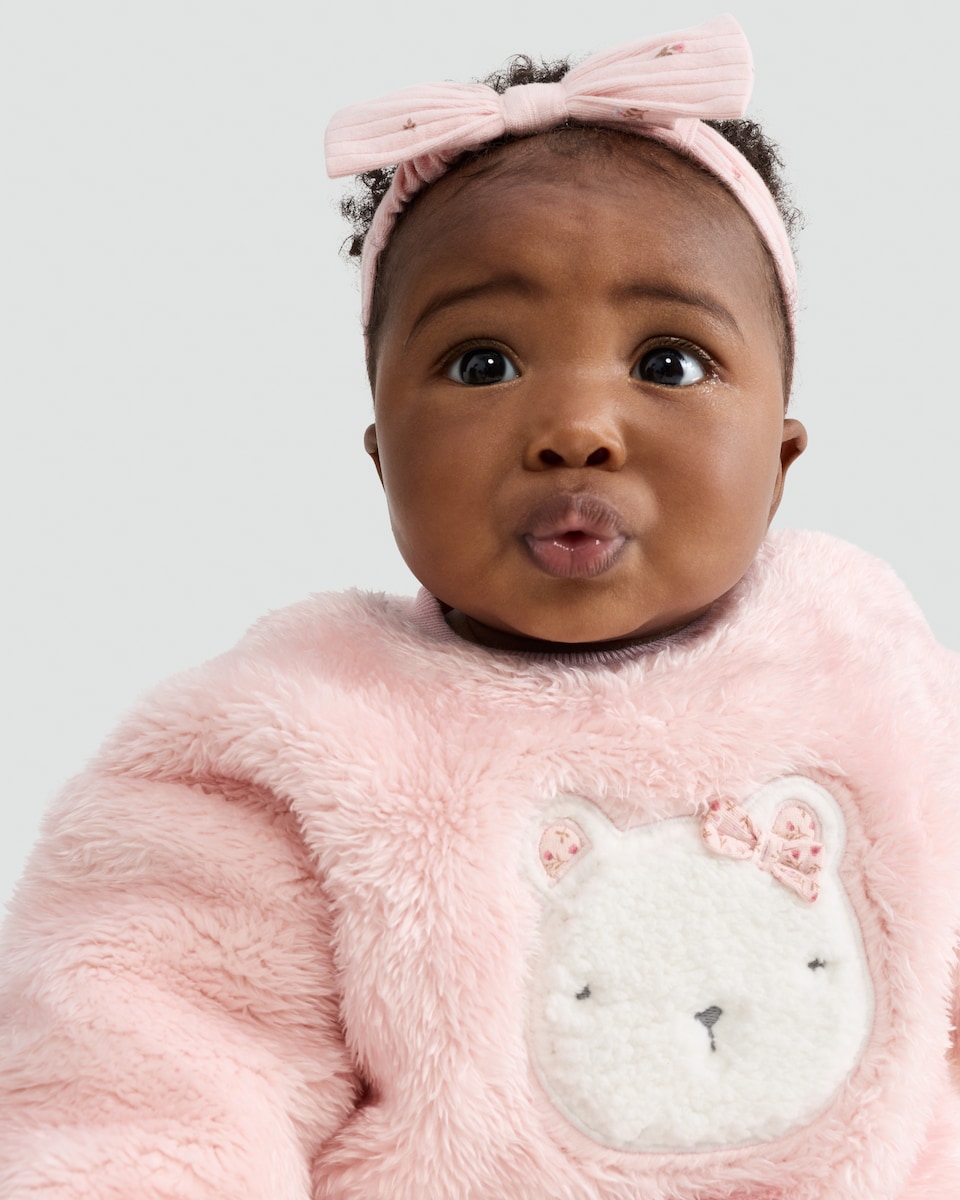 image 1 of F&F Baby 3-Piece Bear Motif Jumper, Leggings and Headband Set in Pink