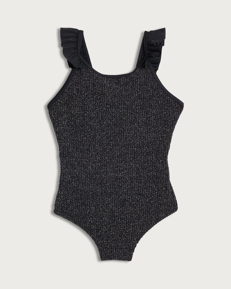 image 1 of F&F Girls Metallic Crinkle Textured Swimsuit in Black