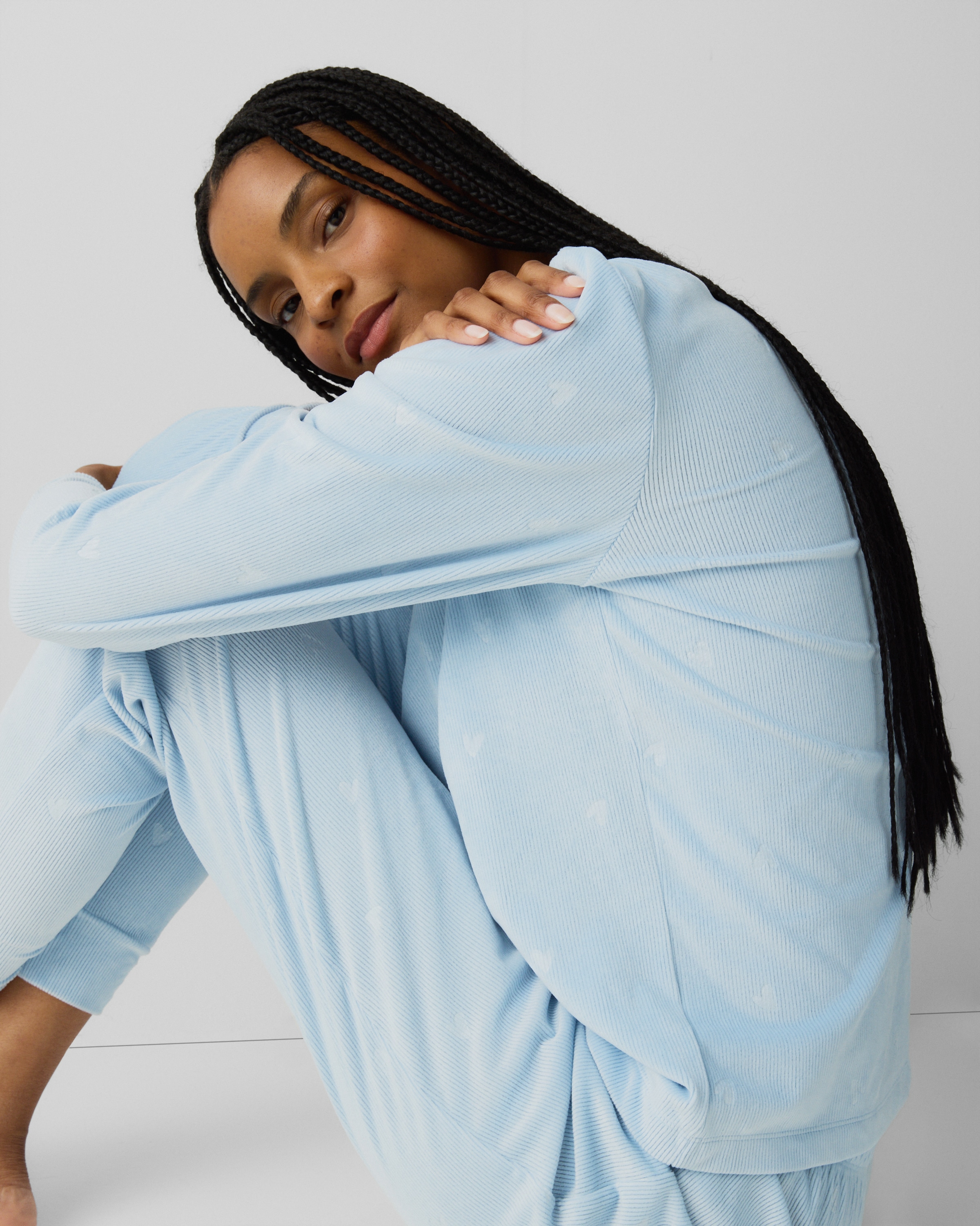 F&F Fleece Ribbed Heart Print Pyjama Set in Blue