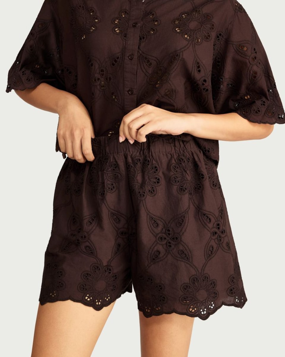 image 1 of The F&F Edit Pure Cotton Embroidered Co-ord Shorts in Chocolate