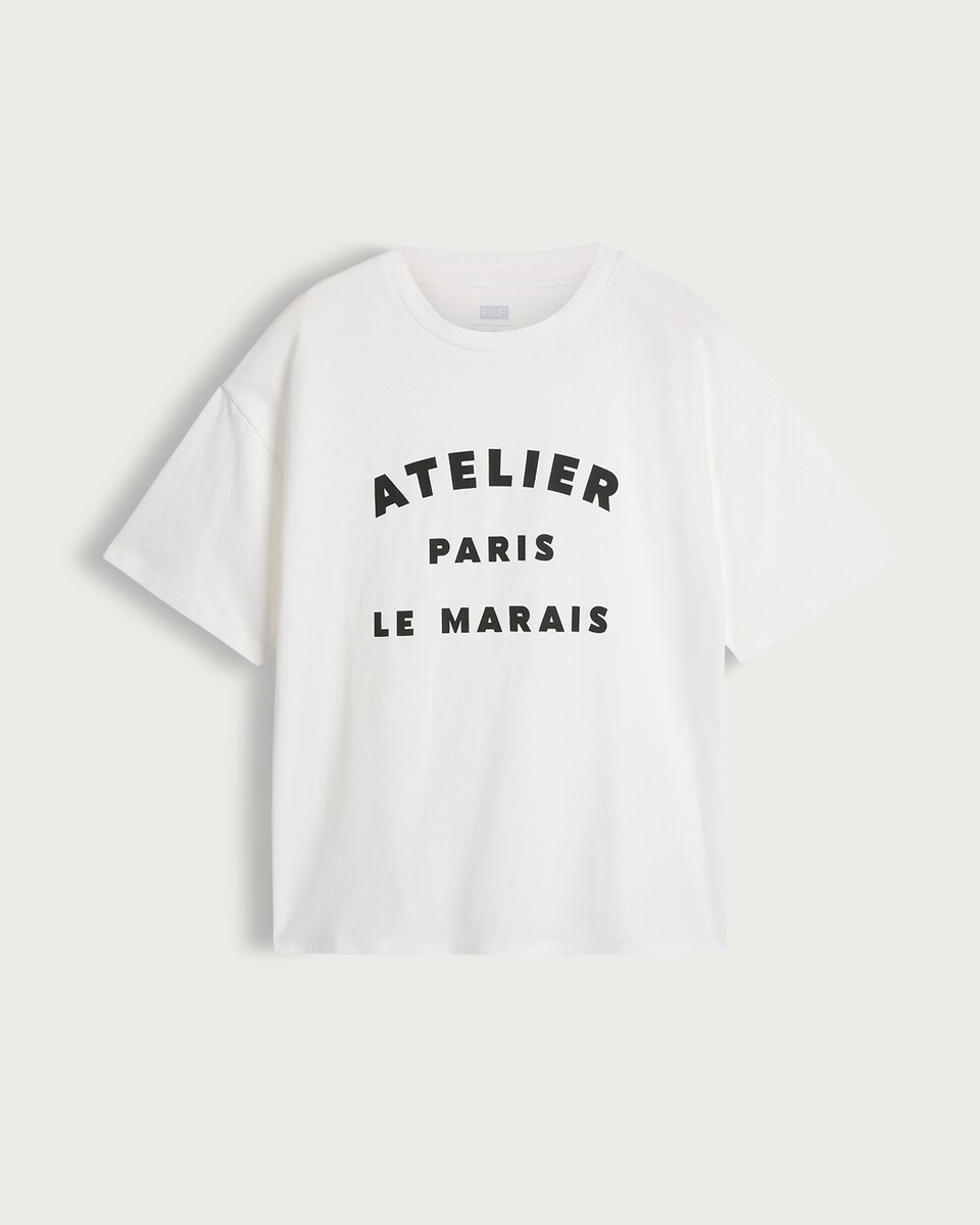image 1 of F&F Boyfriend Fit Atelier Paris Slogan T-Shirt in White