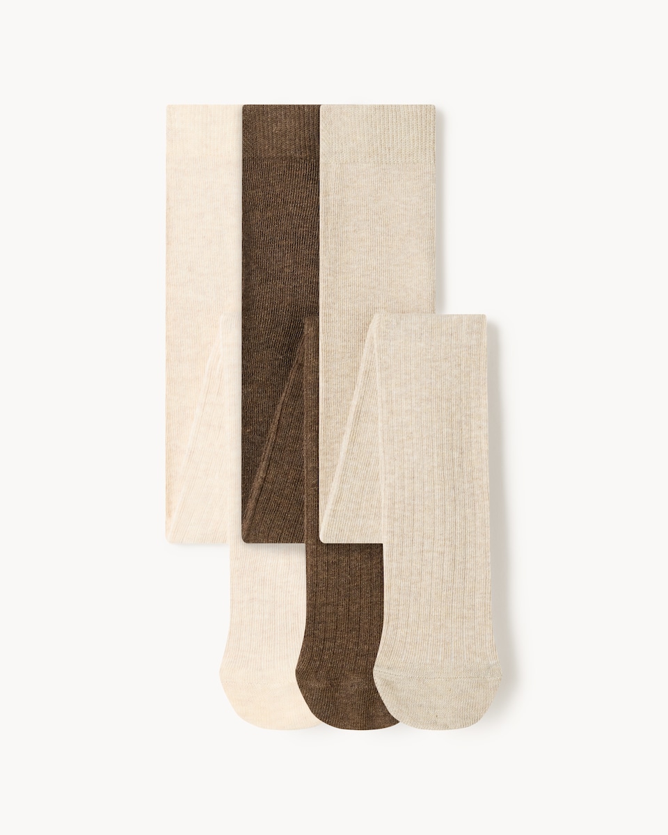 F&F Girls 3-Pack Cotton Blend Ribbed Tights in Multi