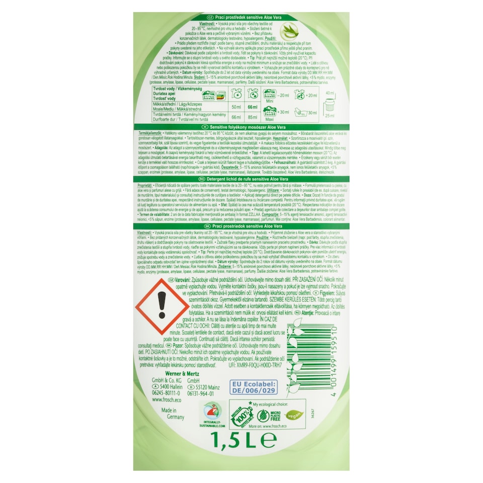 Obrázek 1 pro produkt Frosch Sensitive prací prostředek aloe vera 22 praní 1,5l