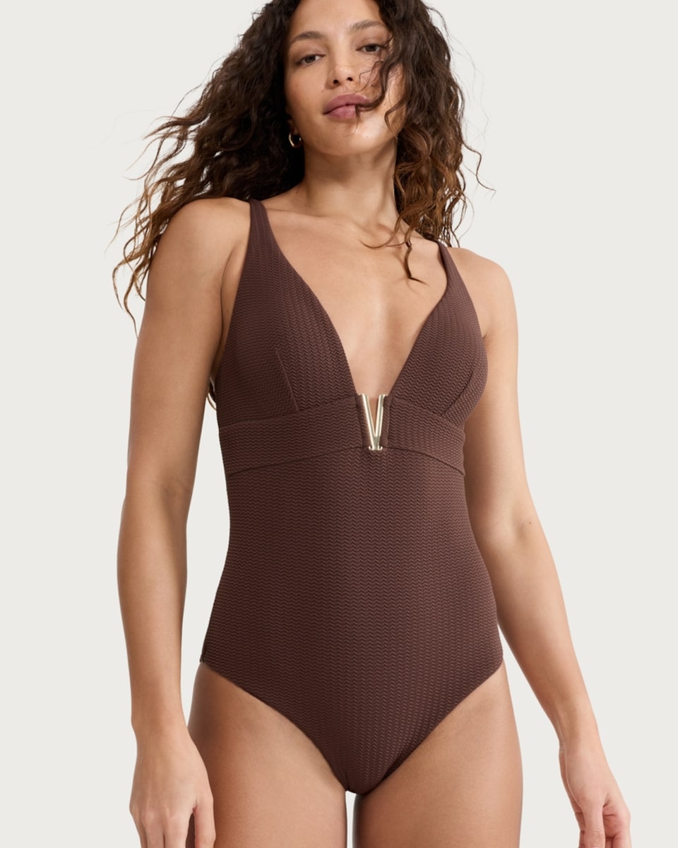 image 1 of F&F Textured Metal V Neck Plunge Tummy Control Swimsuit in Chocolate