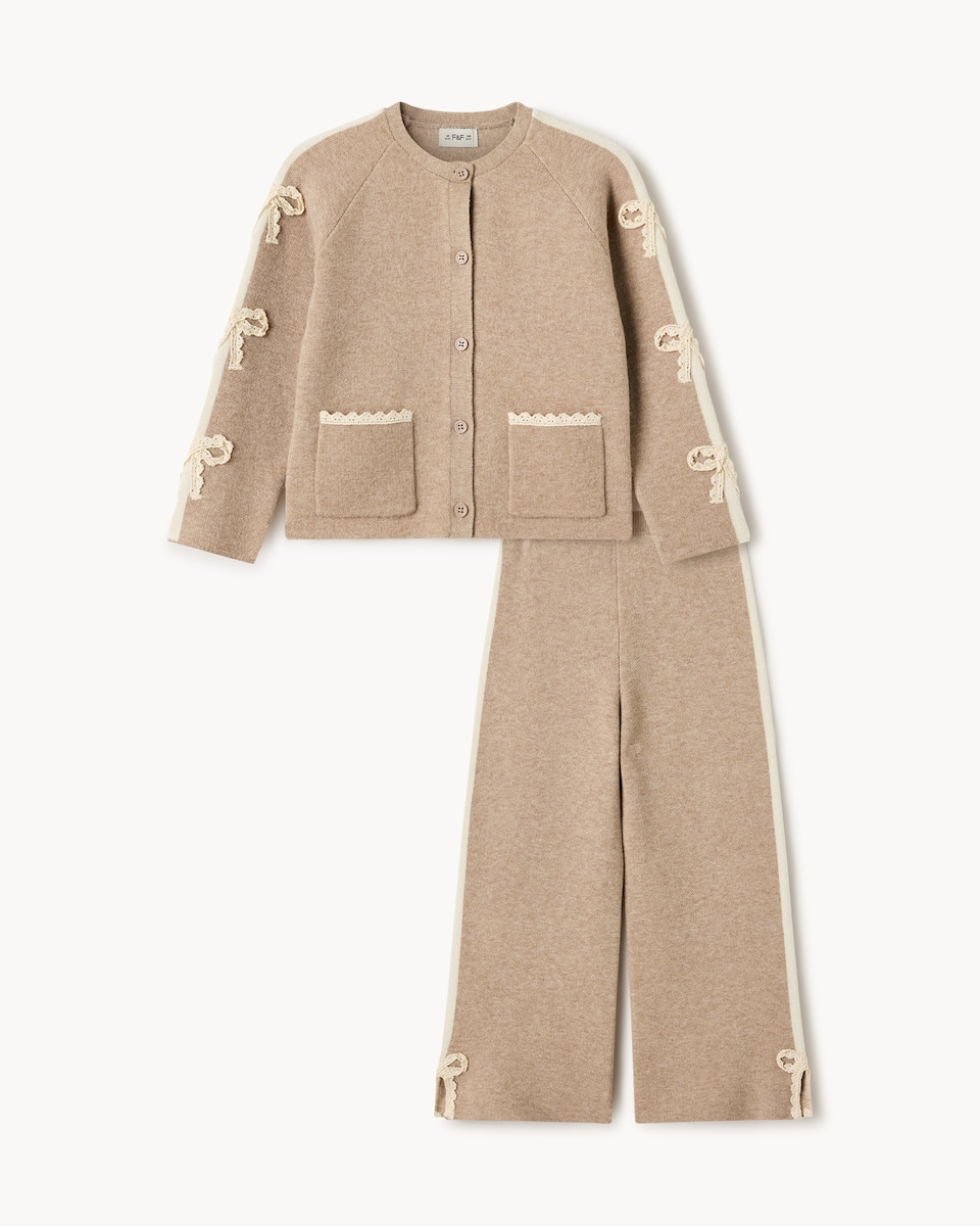 image 1 of F&F Girls Knitted Bow Cardigan and Wide Leg Trousers Set in Tan