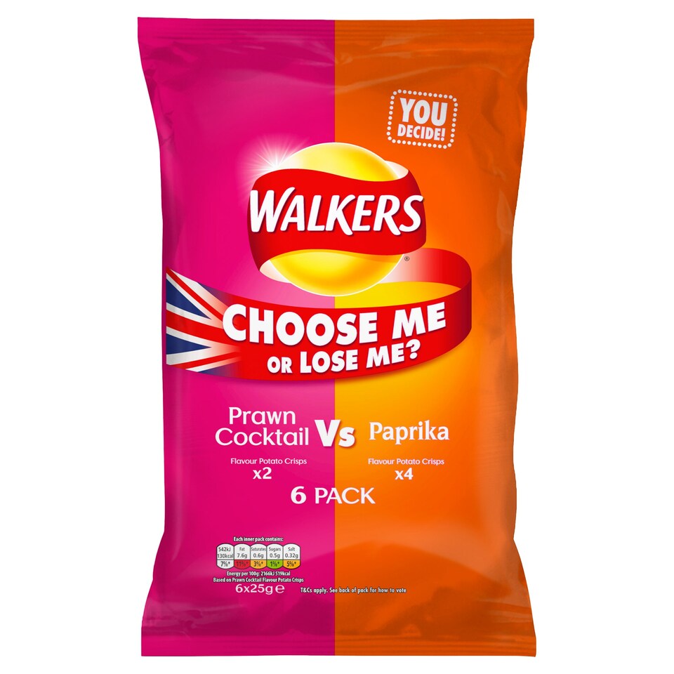 Walkers Prawn Cocktail V's Paprika Crisps 6X25g