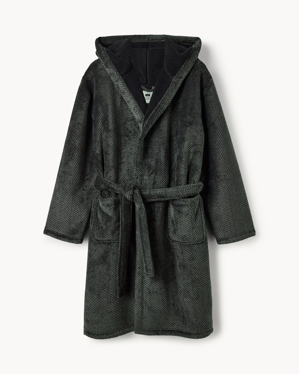 image 1 of F&F Fleece Herringbone Hooded Dressing Gown in Grey
