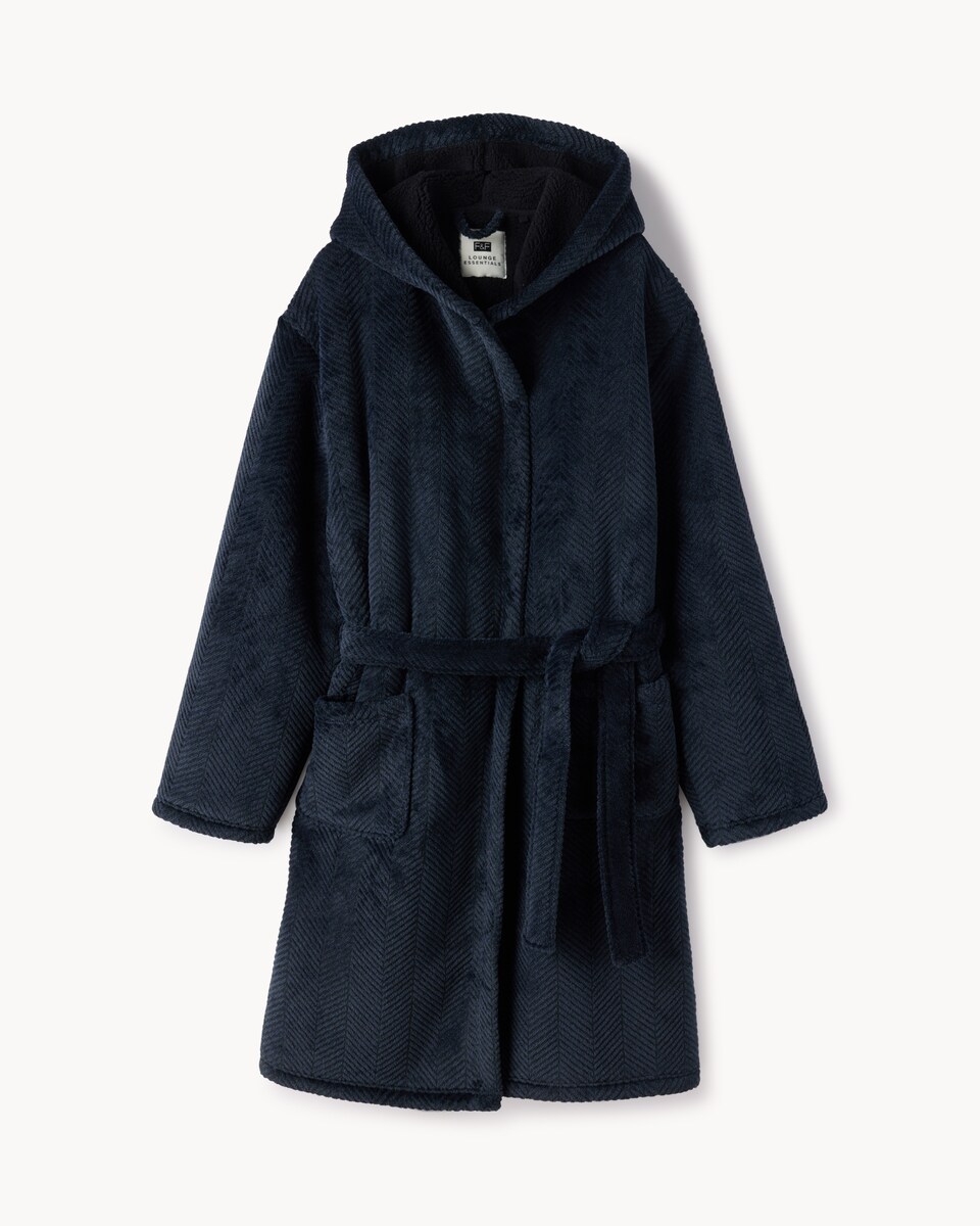image 1 of F&F Fleece Bonded Herringbone Hooded Dressing Gown in Navy