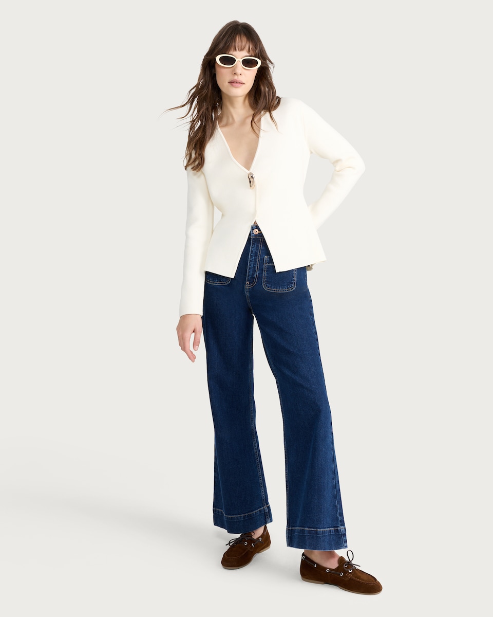 image 1 of The F&F Edit V Neck Metal Accent Cardigan in Cream