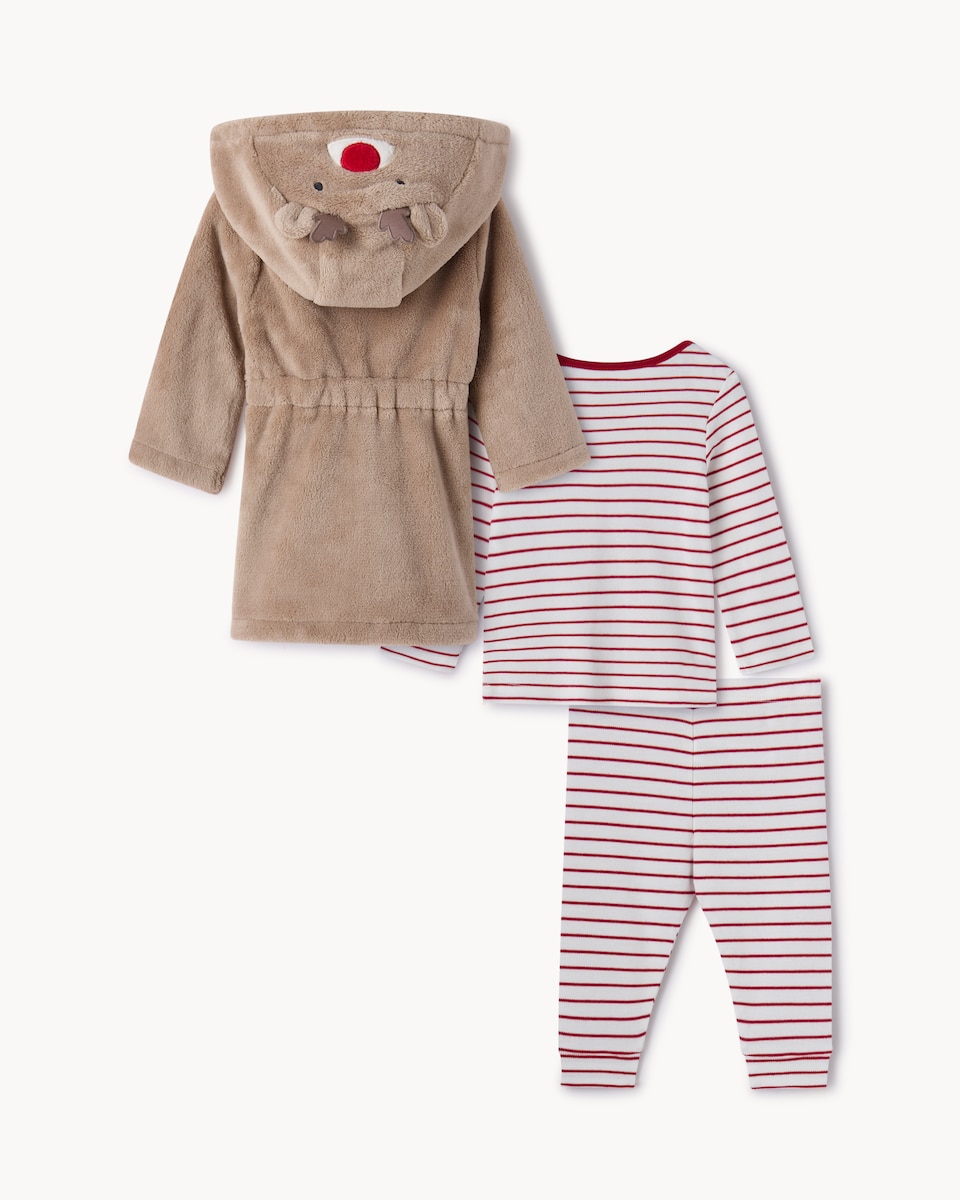 image 1 of Christmas Baby Reindeer Fleece Dressing Gown and Pyjama Set in Brown