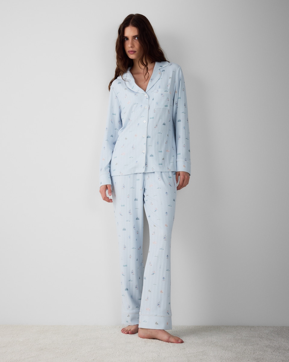 image 1 of F&F Ski Print Revere Pyjama Set in Blue