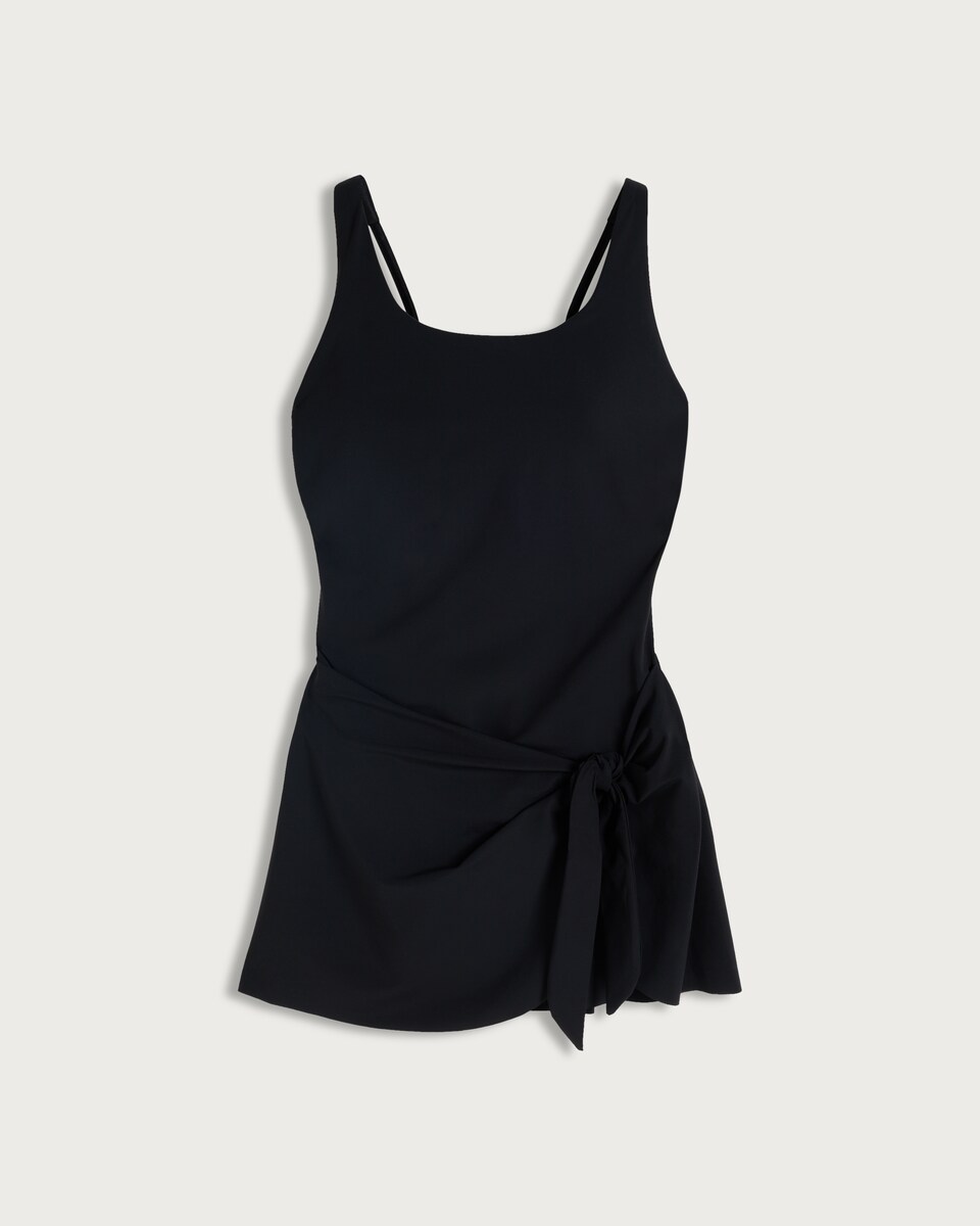 image 1 of F&F Contour Belted Swimsuit Dress in Black