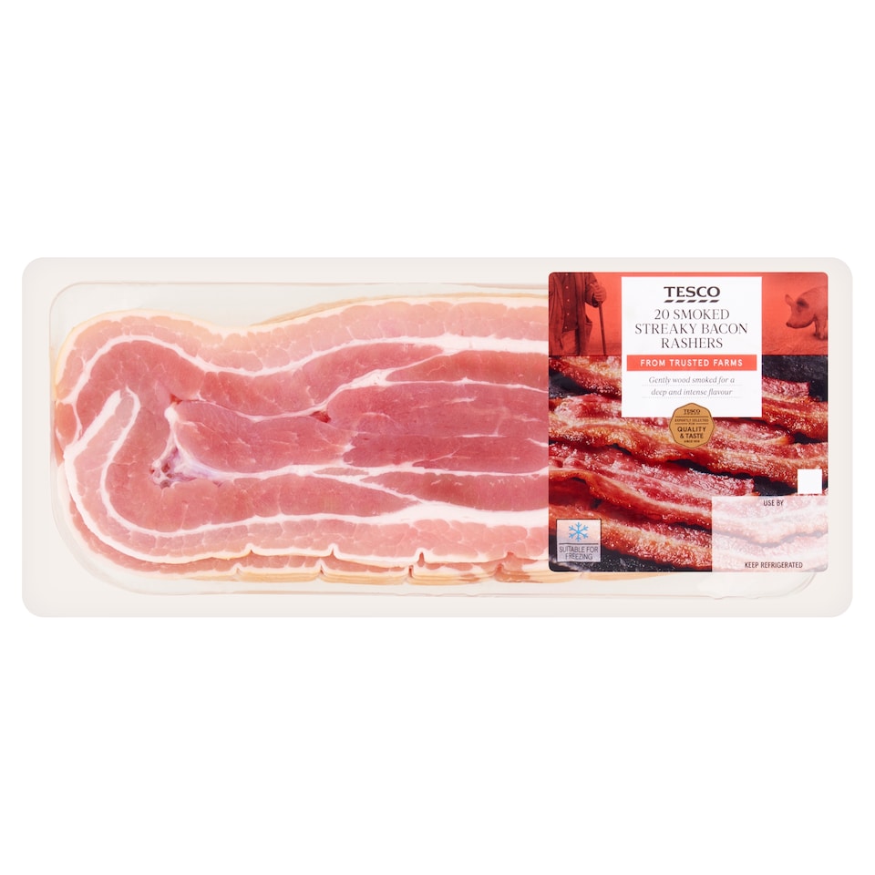 TESCO 20 SMOKED STREAKY BACON RASHERS 500G