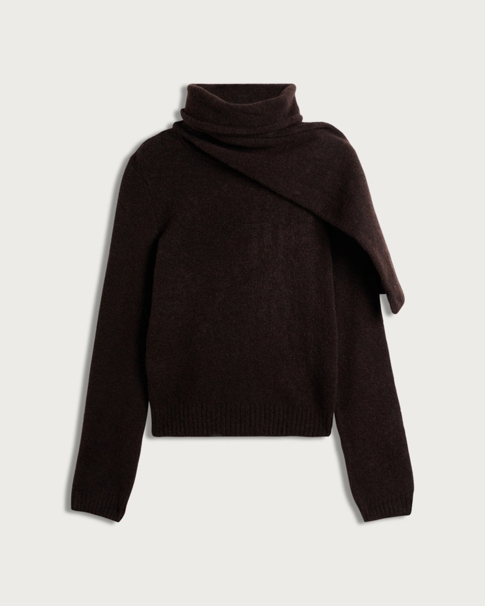 F&F Asymmetric Turtleneck Scarf Neck Jumper in Brown
