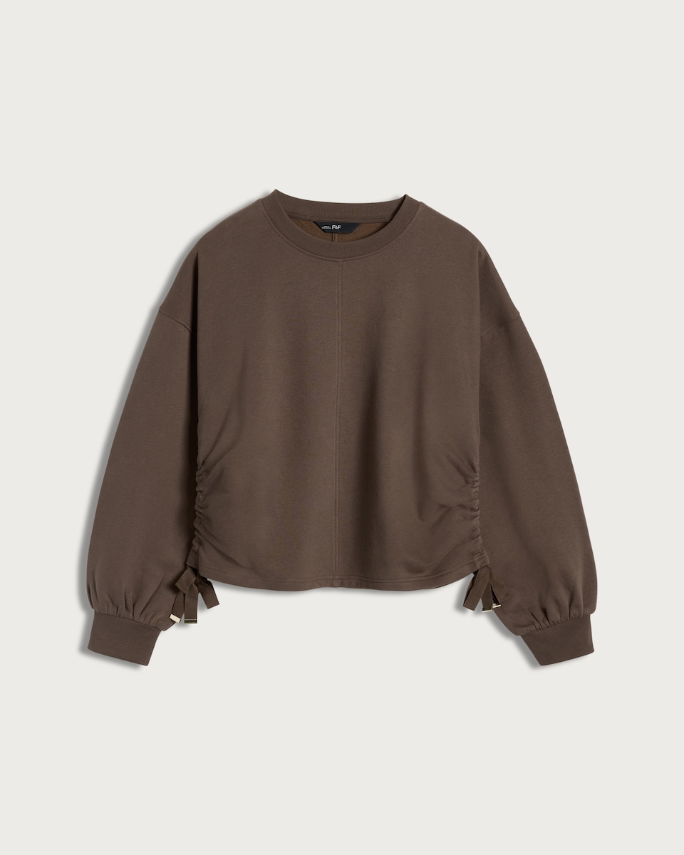 image 1 of The F&F Edit Cotton Rich Ruched Side Tie Detail Sweatshirt in Brown