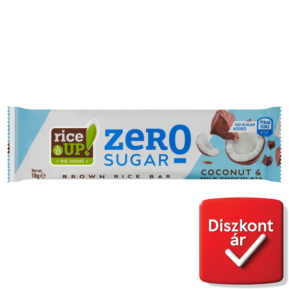RiceUp! Zero Sugar puffasztott teljes kiőrlésű barna rizsszelet kókuszos ízű tejcsokoládéval 18 g  1. kép