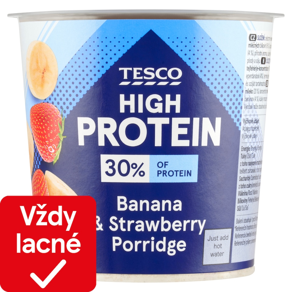 Tesco High Protein instantná ovsená kaša s kúskami mrazom sušených banánov a jahôd 65 g
