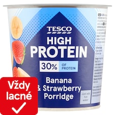 Tesco High Protein instantná ovsená kaša s kúskami mrazom sušených banánov a jahôd 65 g