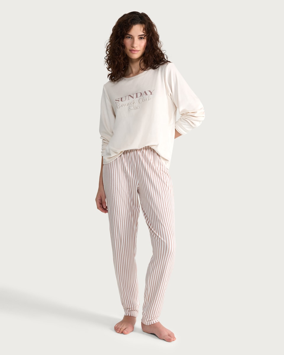 image 1 of F&F Sunday Brunch Club Fleece Pyjama Set in Neutral