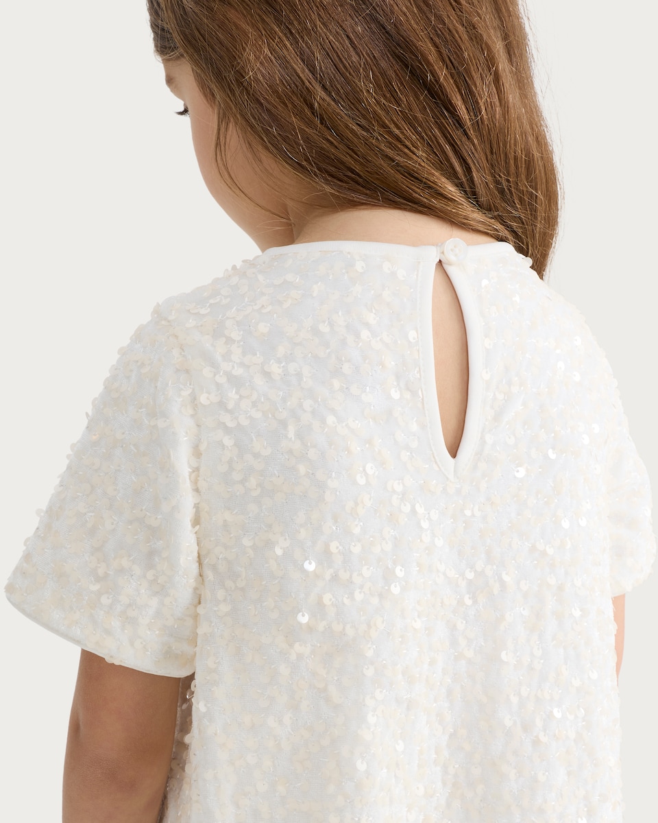 image 1 of F&F Girls Sequin Embellished Short Sleeved Dress in Cream