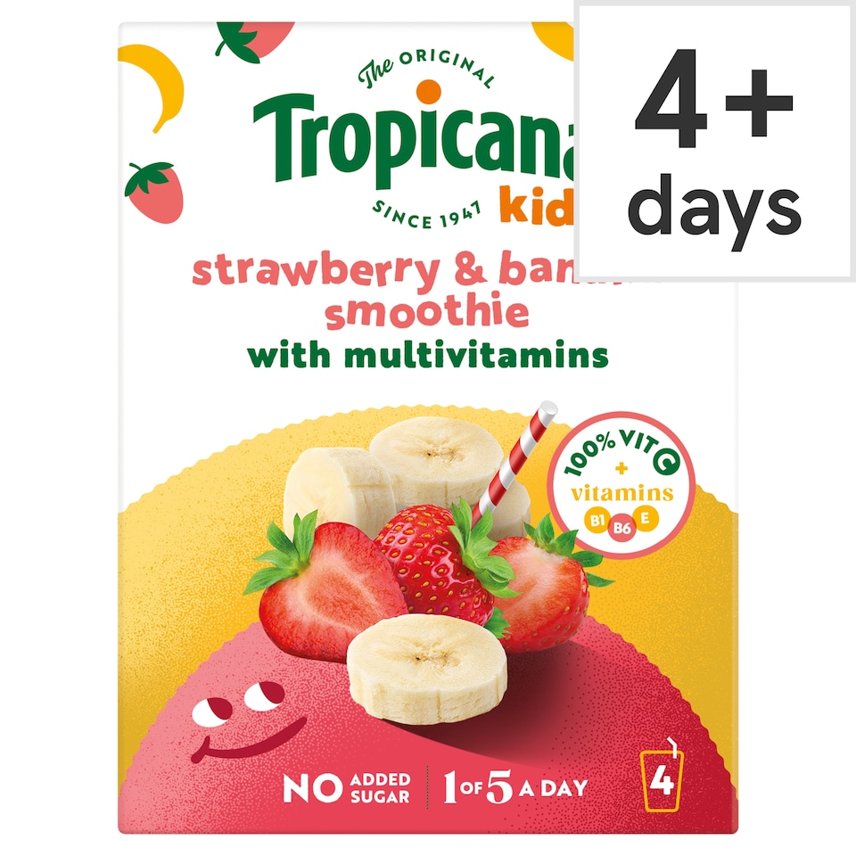 image 1 of Tropicana Kids Smoothies - Strawberry & Banana 4 x 150ml