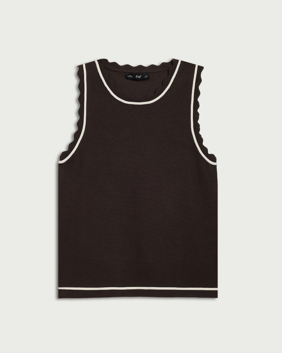 image 1 of F&F Scalloped Edge Racerback Vest in Brown