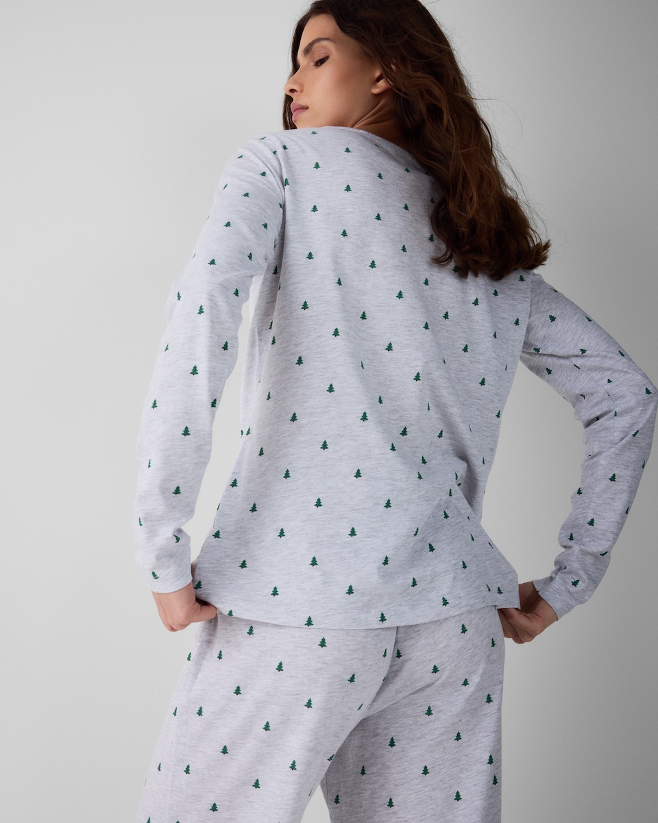 image 1 of Christmas Cotton Rich Tree Print Pyjama Set in Grey