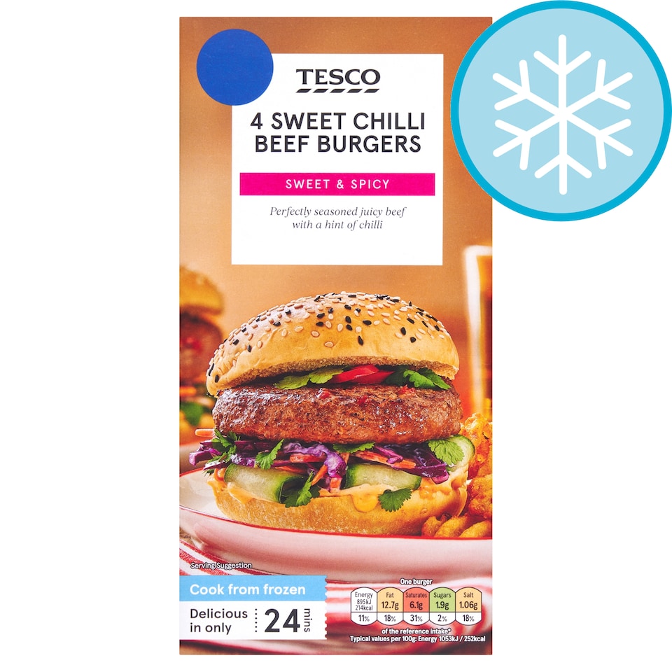 Tesco Sweet Chilli Beef Burgers - 4 Pack 454g