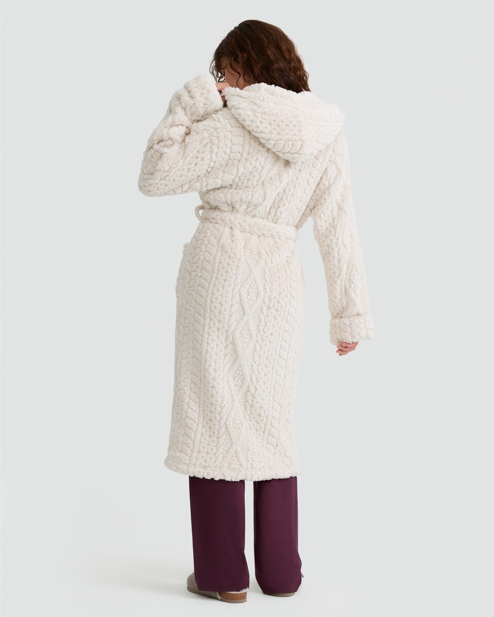 image 1 of F&F Fleece Cable Knit Hooded Dressing Gown in Cream