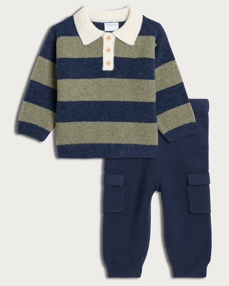 image 1 of F&F Baby Knitted Stripe Print Jumper and Cargo Trousers Set in Green