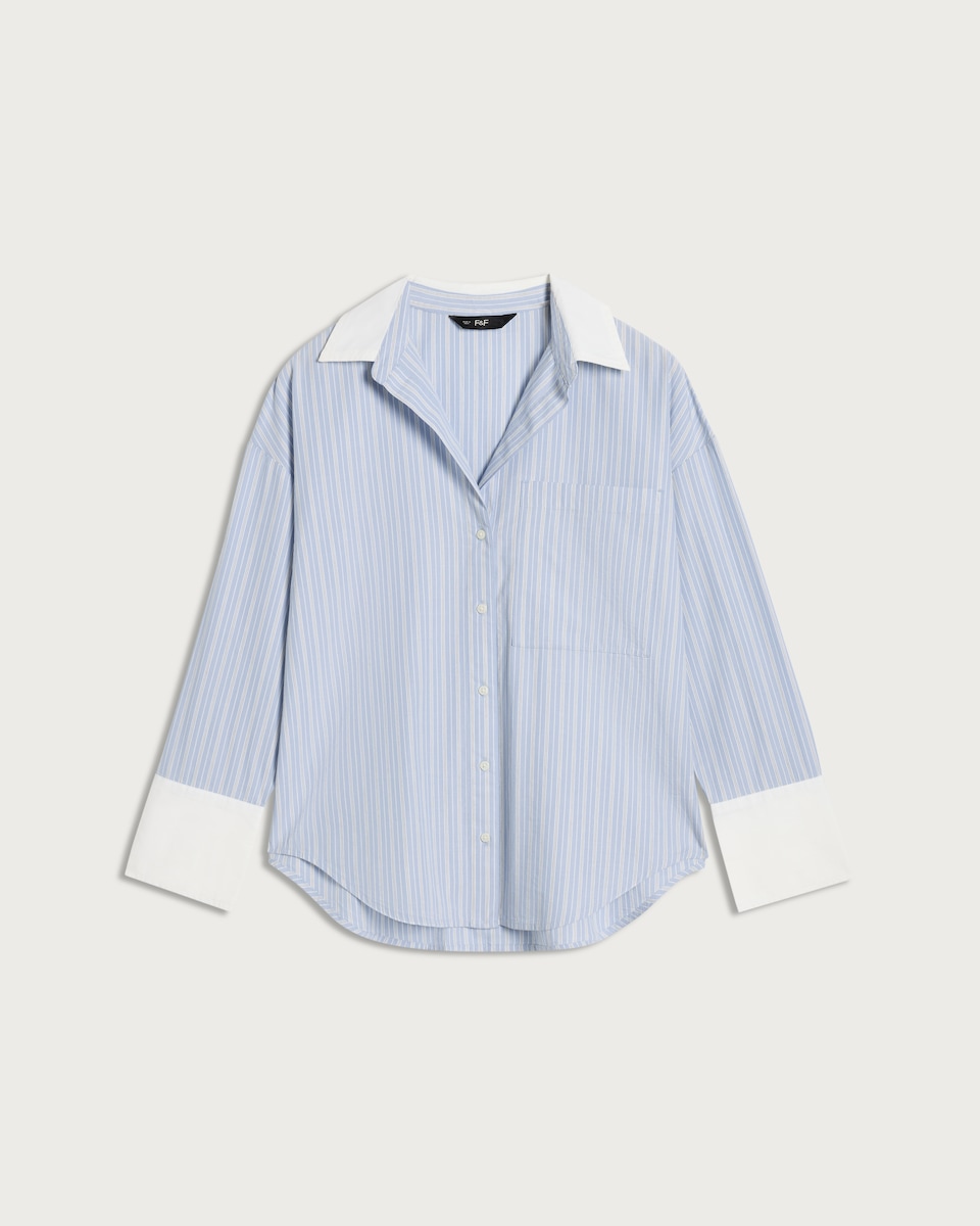 image 1 of F&F Cotton Rich Stripe Print Contrast Collar Oversized Fit Shirt in Blue