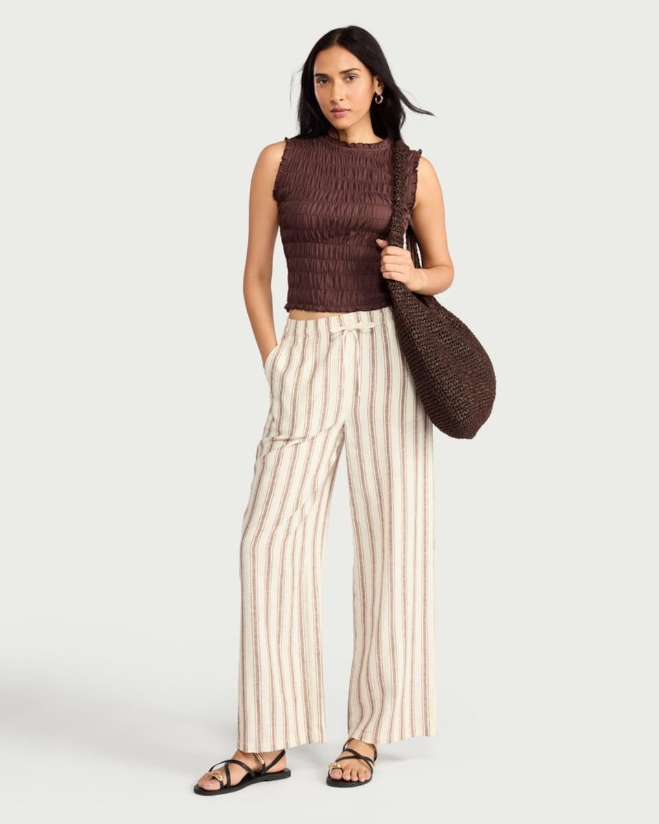 image 1 of F&F Linen Rich Striped Wide Leg Trousers in Cream