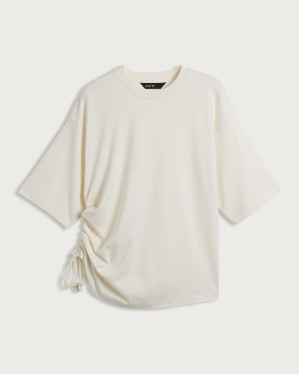 image 1 of F&F Pure Cotton Ruched Side T-Shirt in Cream