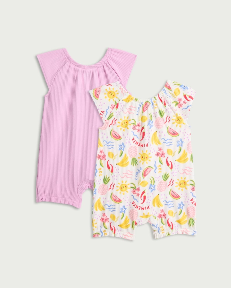 image 1 of F&F Baby 2-Pack Cotton Rich Fruit Print Rompers in Purple
