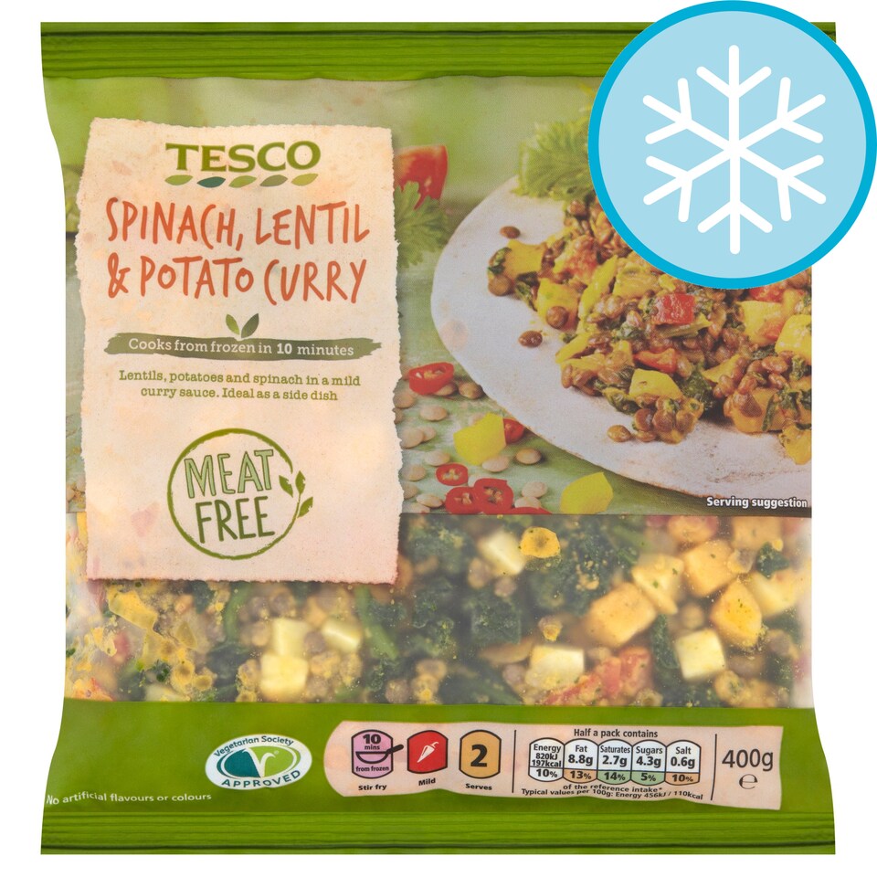 TESCO MEAT FREE SPINACH LENTIL & P/TOE CURRY 400G