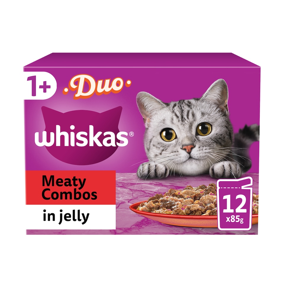 image 1 of Whiskas Duo Meaty Combos Adult Cat Food Pouches in Jelly 12x85g