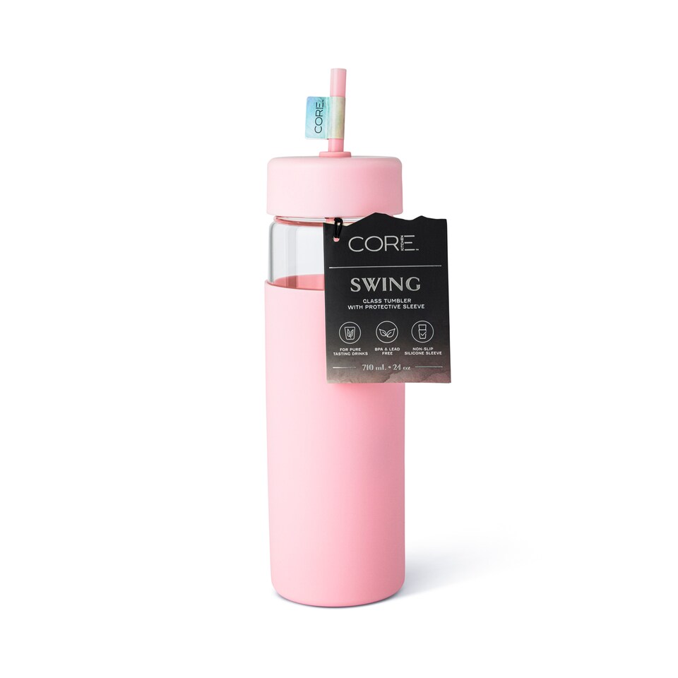 image 1 of Core Kitchen Swing Glass Water Bottle Tumbler With Straw Pink 710ml
