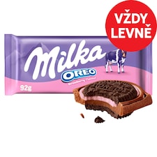 Milka čokoláda Oreo s kousky kakaových sušenek v mléčné čokoládě s jahodovou příchutí 92g