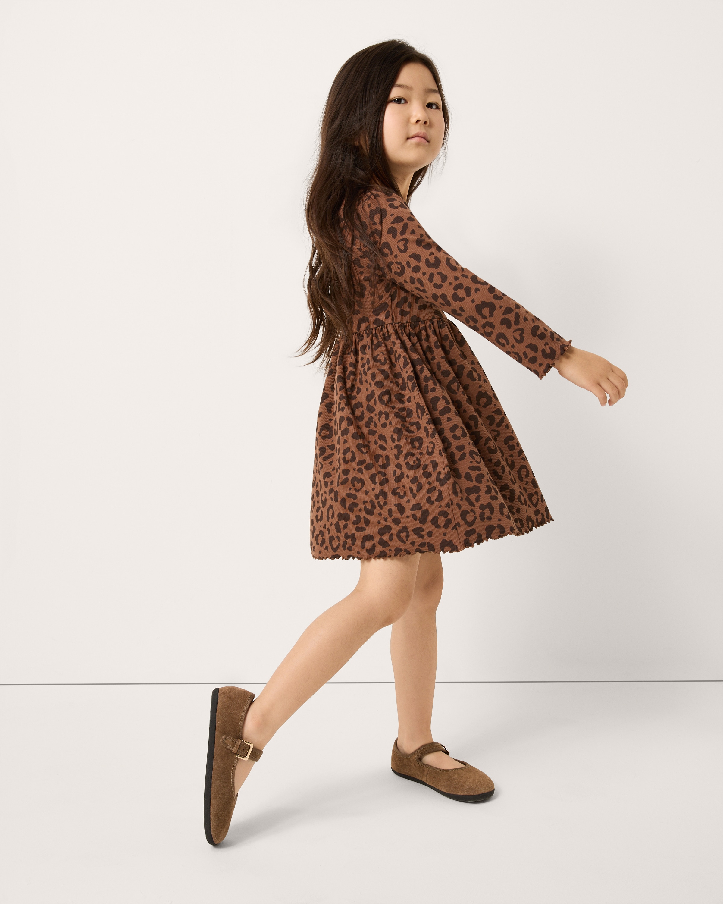 F&F Girls Cotton Rich Ribbed Leopard Print Dress in Multi Brown